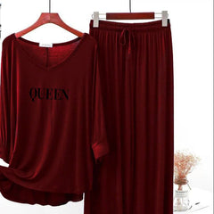 Maroon Printed V-Neck Palazzo Lounge Wear For Women PJ Set