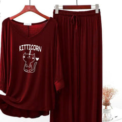 Maroon Printed V-Neck Palazzo Lounge Wear For Women PJ Set