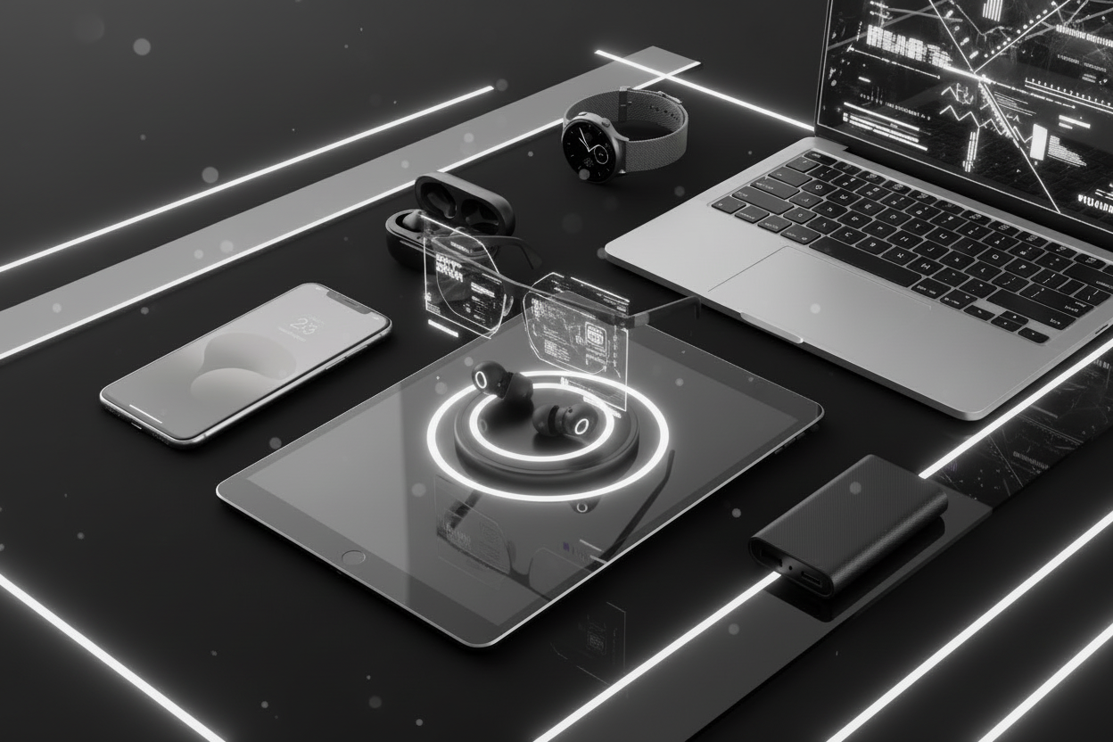 “Black and white futuristic workspace with laptop, tablet, smartphone, smartwatch, wireless earbuds and power bank displayed in a modern digital tech setup.”