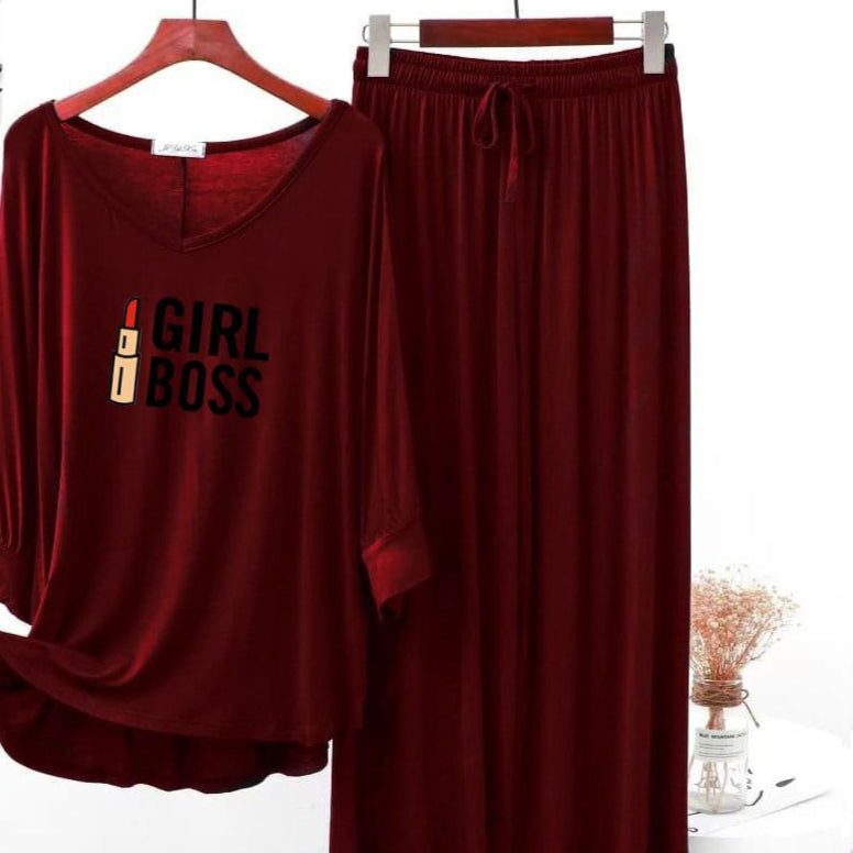 Maroon  Printed V-Neck Palazzo Lounge Wear For Women PJ Set