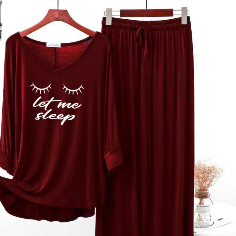 Maroon  Printed V-Neck Palazzo Lounge Wear For Women PJ Set