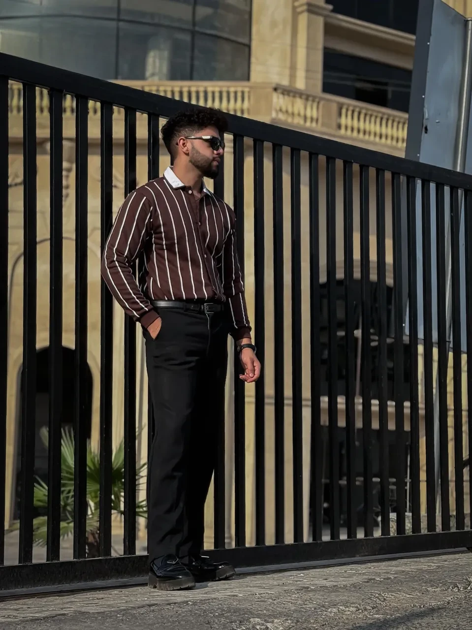 Men’s formal black striped shirt with white collar side view