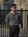 Men’s formal black striped shirt with white collar side view