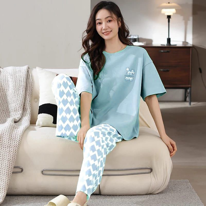 Sky blue motion cotton jersey night suit for women