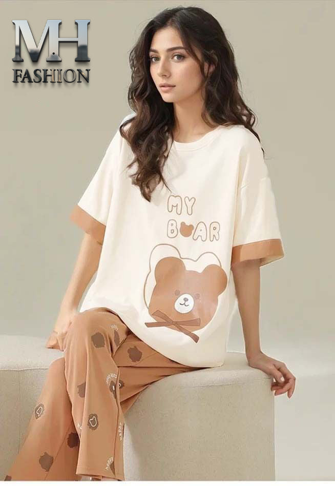 Brown bear printed cotton night suit for women

