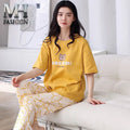 Woman wearing cute bear printed cotton night dress soft comfortable sleepwear for home and bedtime