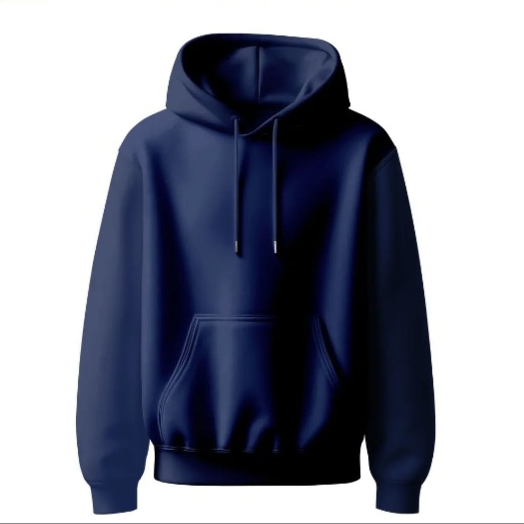 "Navy blue Winter Essential Cozy Basic Hoodie with front pocket and adjustable hood"