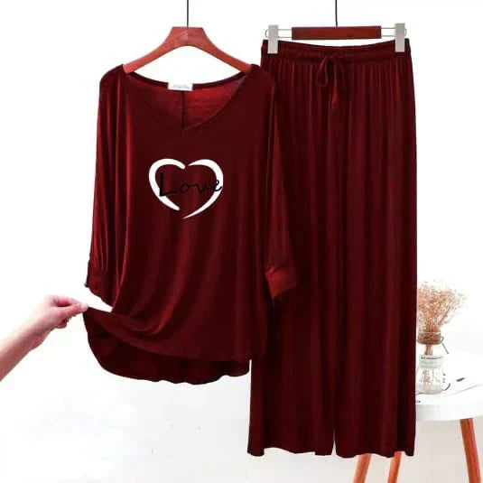 Maroon V-neck palazzo lounge wear PJ set for women