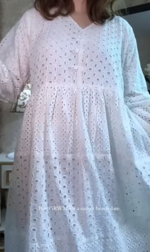 White chicken kari embroidered cotton frock for women with eyelet detailing and long sleeves summer dress