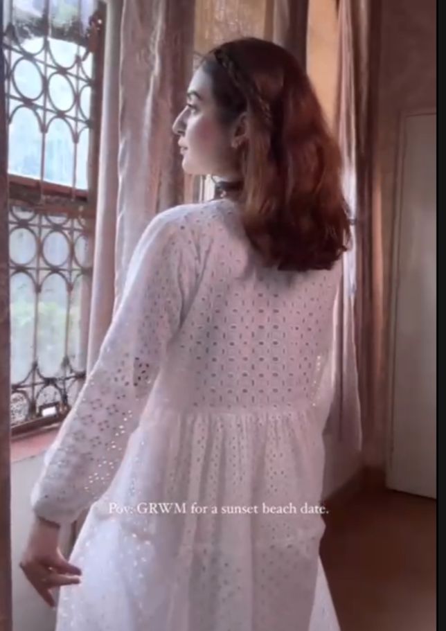 White chicken kari embroidered cotton frock for women with eyelet detailing and long sleeves summer dress