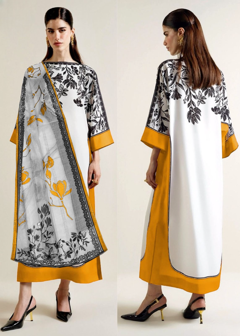 yellow and black Stylish long kaftan dress with trouser