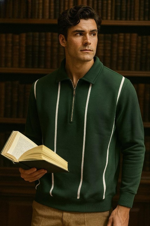 Men winter striped sweatshirt half zipper