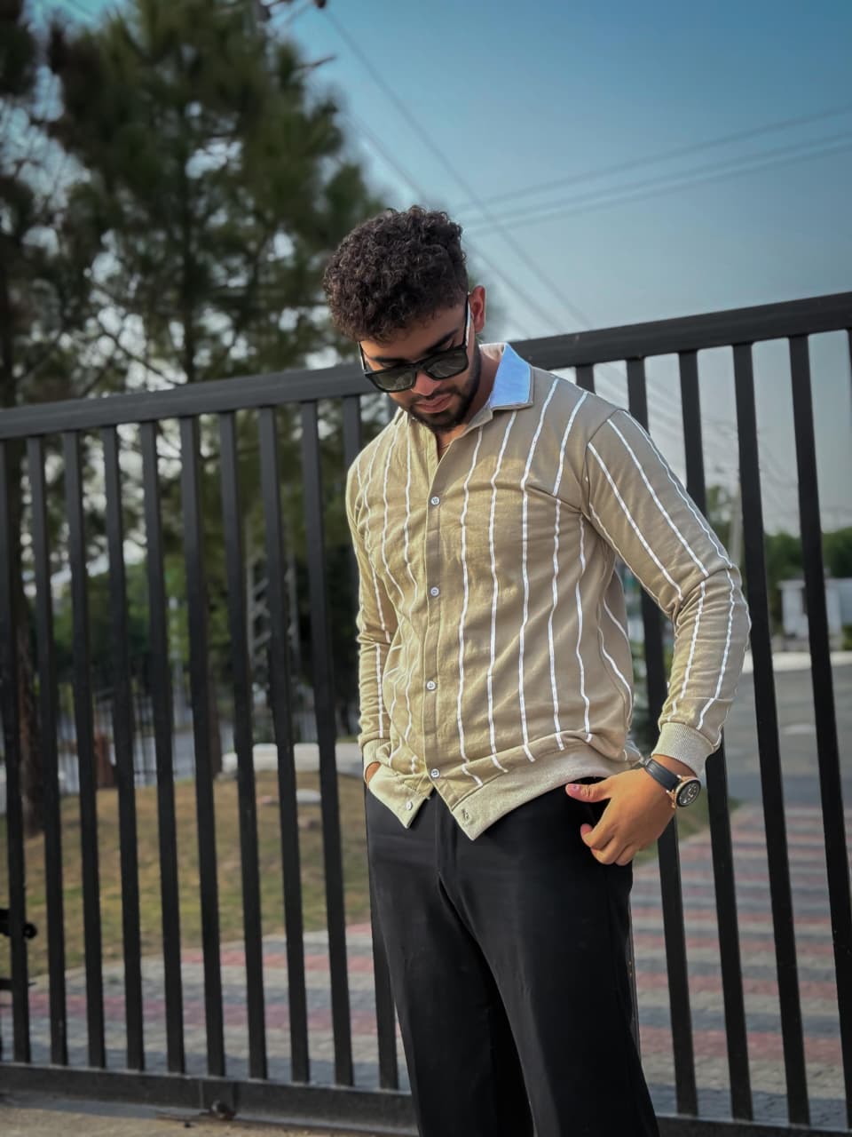 Men’s formal black striped shirt with white collar side view